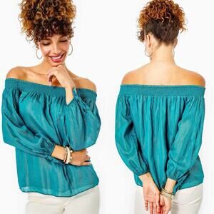 Lilly Pulitzer Maryellen Off-The-Shoulder Top Valencia Teal Metallic Stripe S
